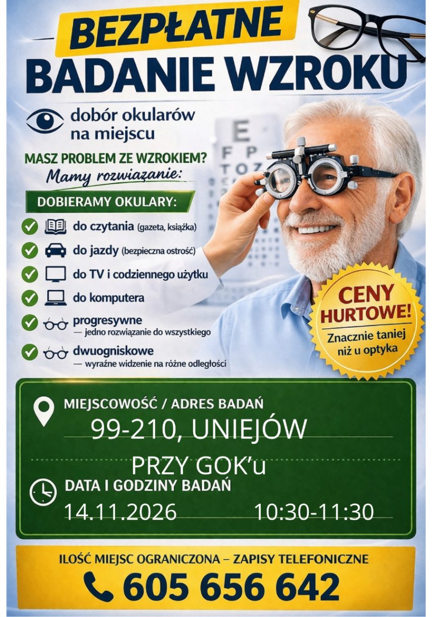 Bezpłatne badania wzroku i dobór okularów w Uniejowie