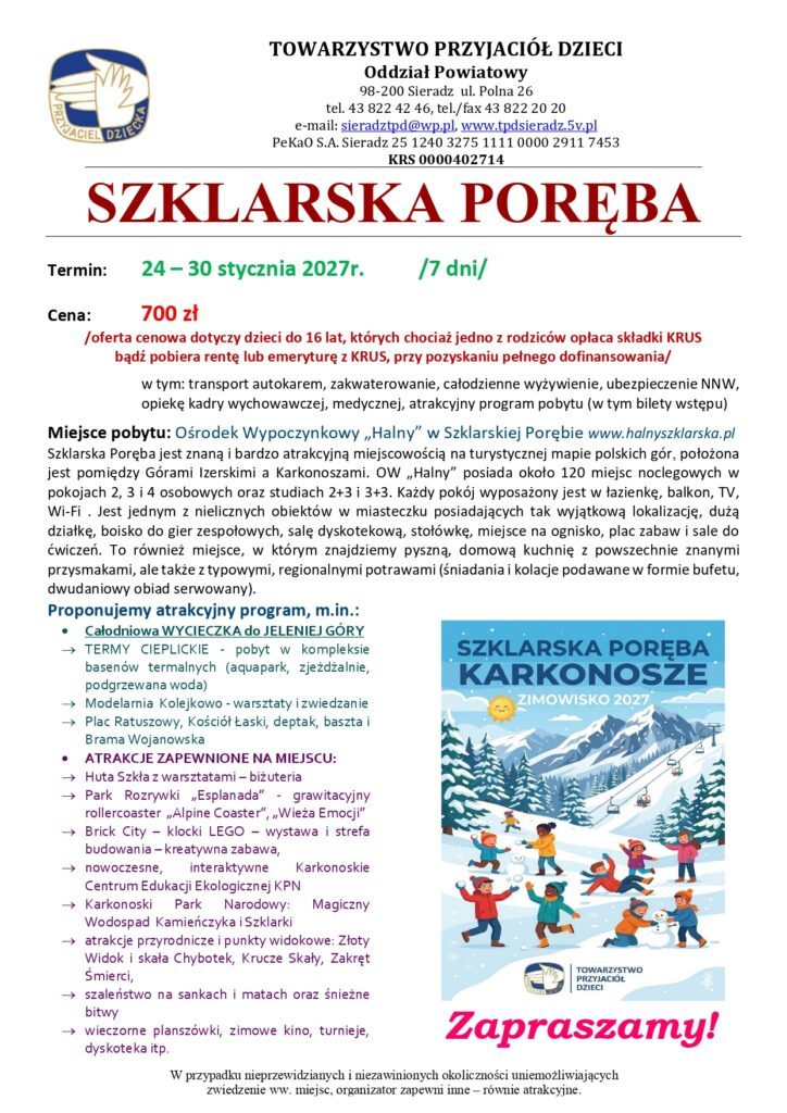 Zimowisko dla dzieci i młodzieży w Szklarskiej Porębie